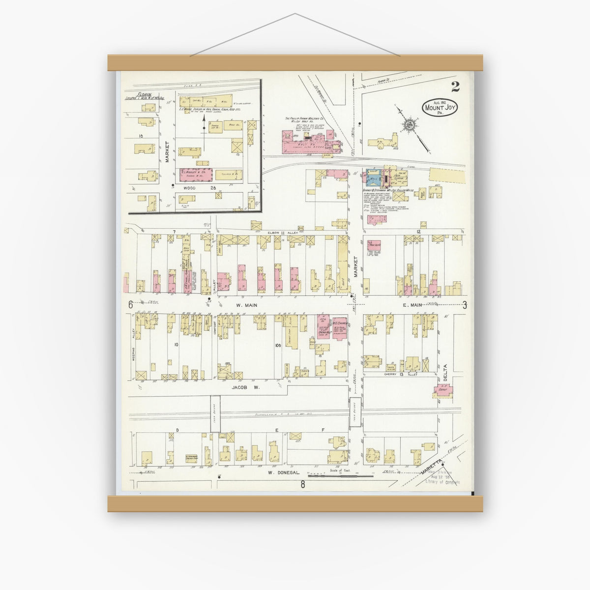Old map wall art mockup — magnetic wood frame on white wall — Sanborn Fire Insurance Map from Mount Joy, Lancaster County, Pennsylvania (1912), Sheet #0002
