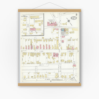 Old map wall art mockup — magnetic wood frame on white wall — Sanborn Fire Insurance Map from Mount Joy, Lancaster County, Pennsylvania (1912), Sheet #0002
