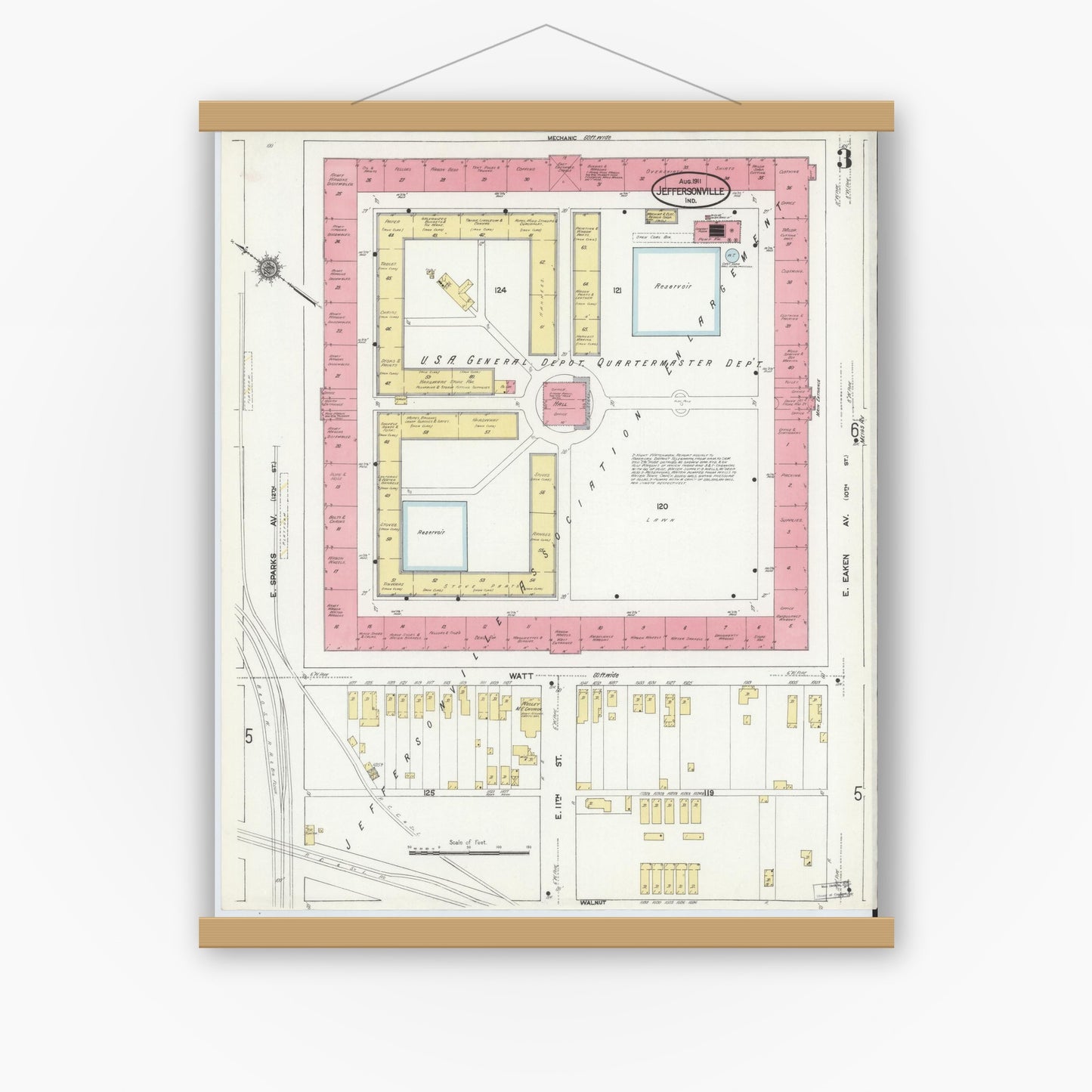 Old map wall art mockup — magnetic wood frame on white wall — Sanborn Fire Insurance Map from Jeffersonville, Clark County, Indiana (1911), Sheet #0003