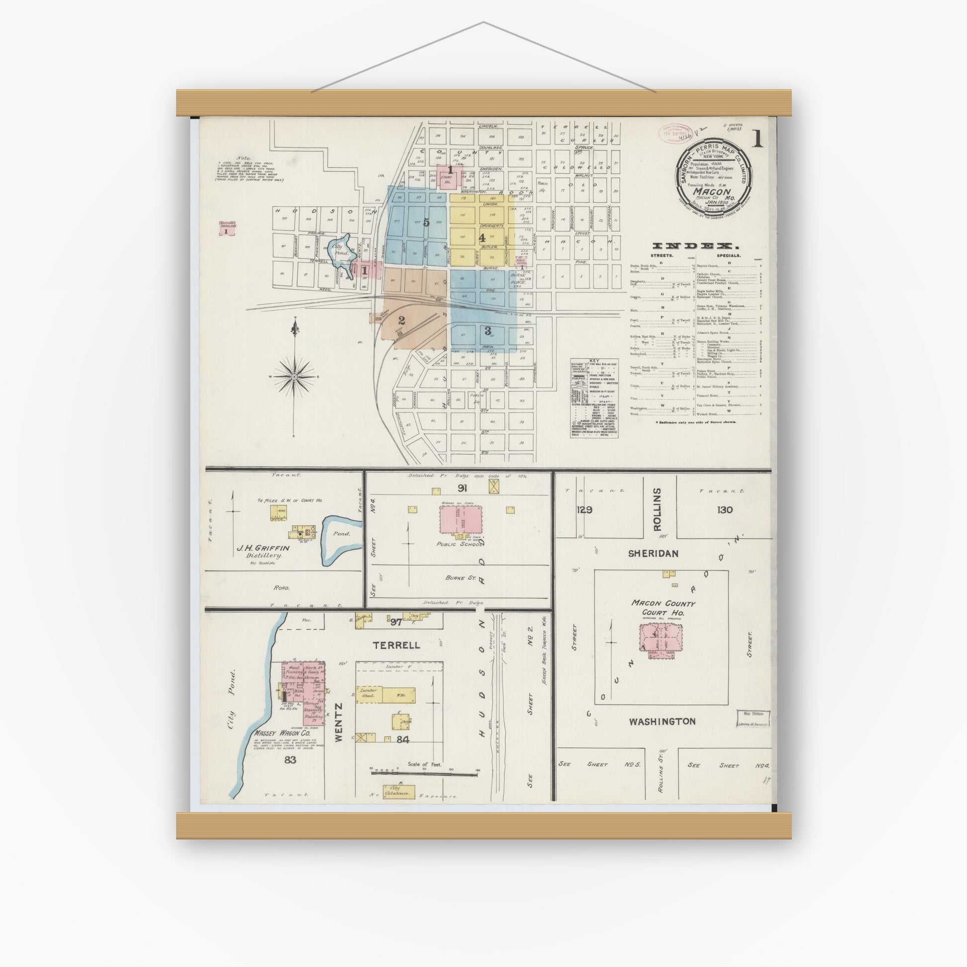 Old map wall art mockup — magnetic wood frame on white wall — Sanborn Fire Insurance Map from Macon, Macon County, Missouri (1890), Sheet #0001
