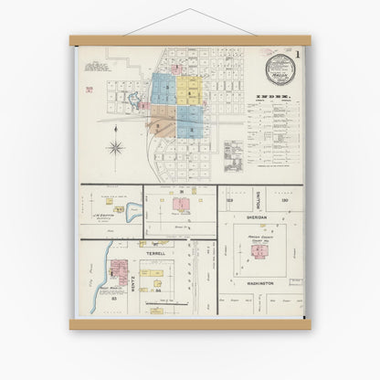 Old map wall art mockup — magnetic wood frame on white wall — Sanborn Fire Insurance Map from Macon, Macon County, Missouri (1890), Sheet #0001