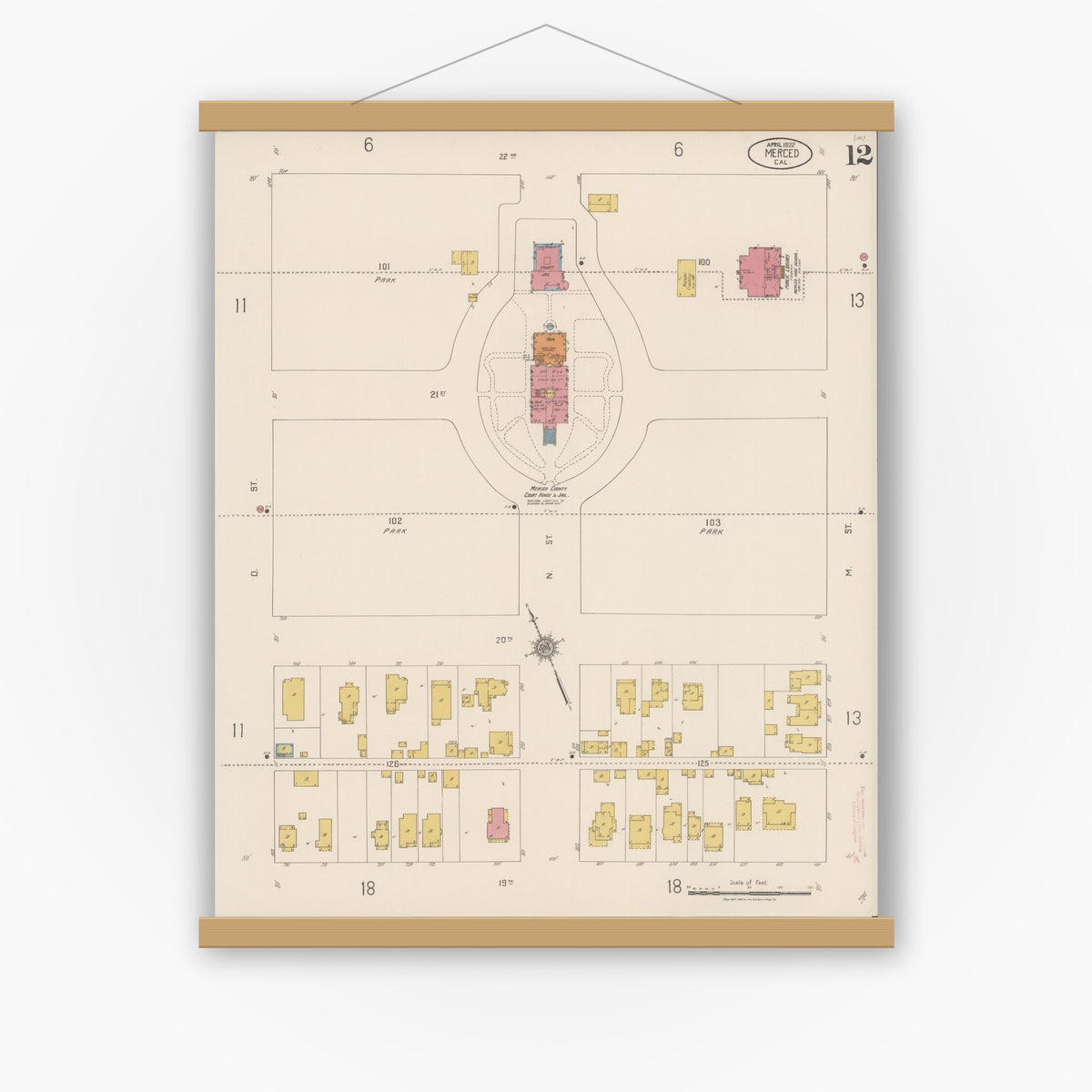 Old map wall art mockup — magnetic wood frame on white wall — Sanborn Fire Insurance Map from Merced, Merced County, California (1922), Sheet #0012