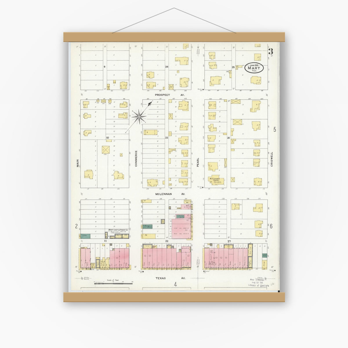 Old map wall art mockup — magnetic wood frame on white wall — Sanborn Fire Insurance Map from Mart, McLennan County, Texas (1909), Sheet #0003