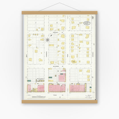 Old map wall art mockup — magnetic wood frame on white wall — Sanborn Fire Insurance Map from Mart, McLennan County, Texas (1909), Sheet #0003