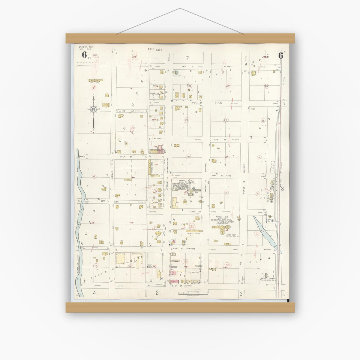 Old map wall art mockup — magnetic wood frame on white wall — Sanborn Fire Insurance Map from Snyder, Scurry County, Texas (1942), Sheet #0006