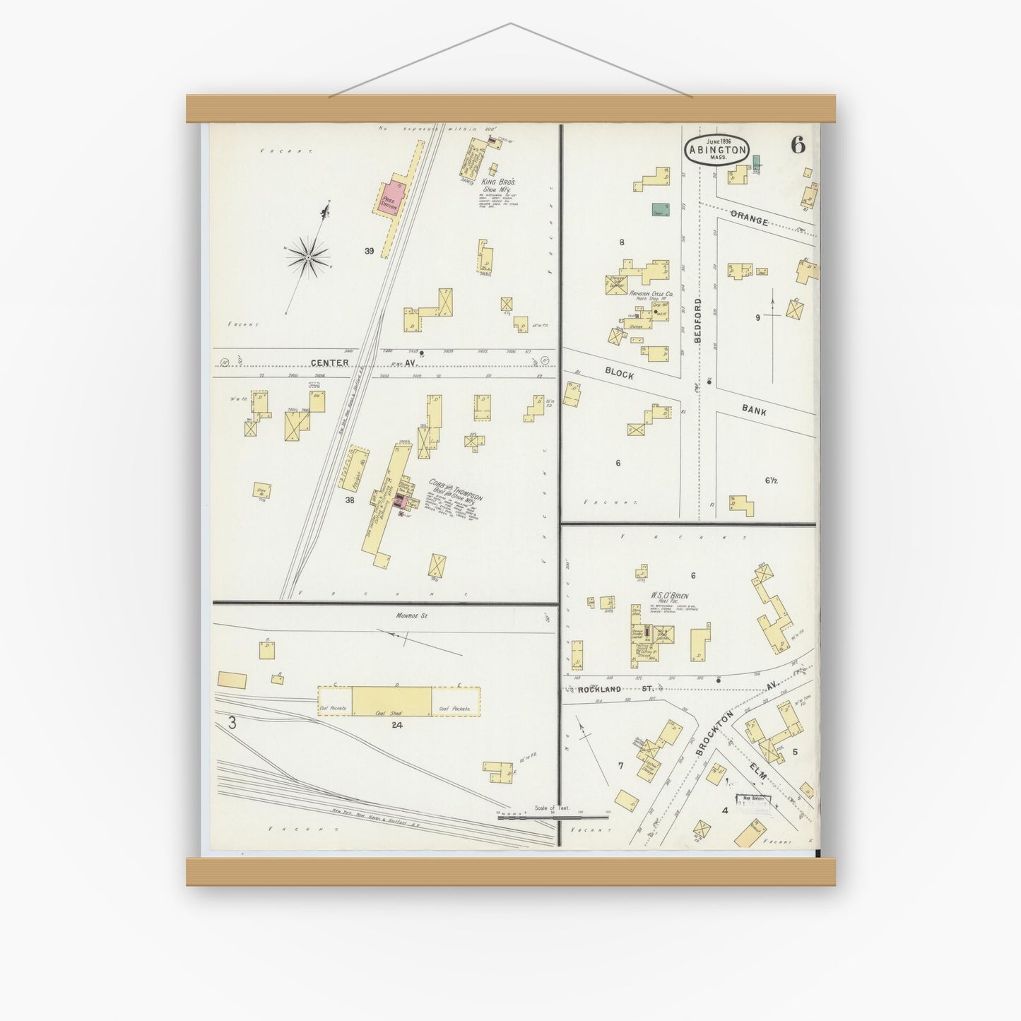 Old map wall art mockup — magnetic wood frame on white wall — Sanborn Fire Insurance Map from Abington, Plymouth County, Massachusetts (1896), Sheet #0006