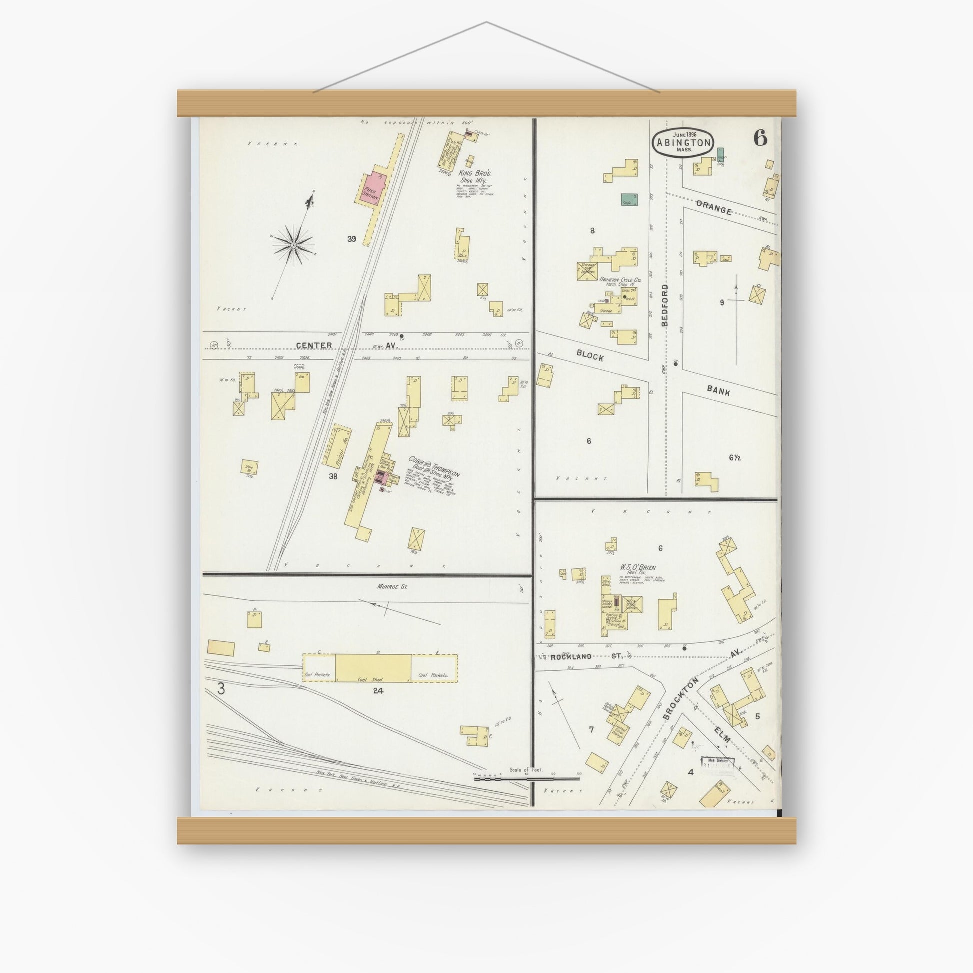 Old map wall art mockup — magnetic wood frame on white wall — Sanborn Fire Insurance Map from Abington, Plymouth County, Massachusetts (1896), Sheet #0006