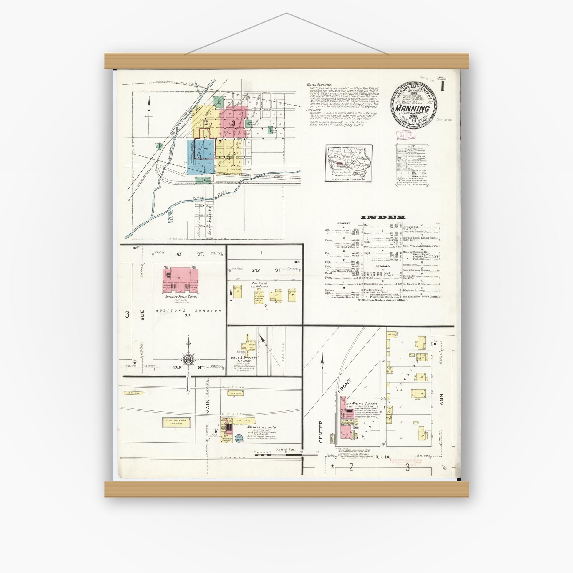 Old map wall art mockup — magnetic wood frame on white wall — Sanborn Fire Insurance Map from Manning, Carroll County, Iowa (1913) â€” Complete Set