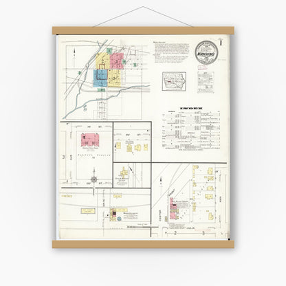 Old map wall art mockup — magnetic wood frame on white wall — Sanborn Fire Insurance Map from Manning, Carroll County, Iowa (1913) â€” Complete Set