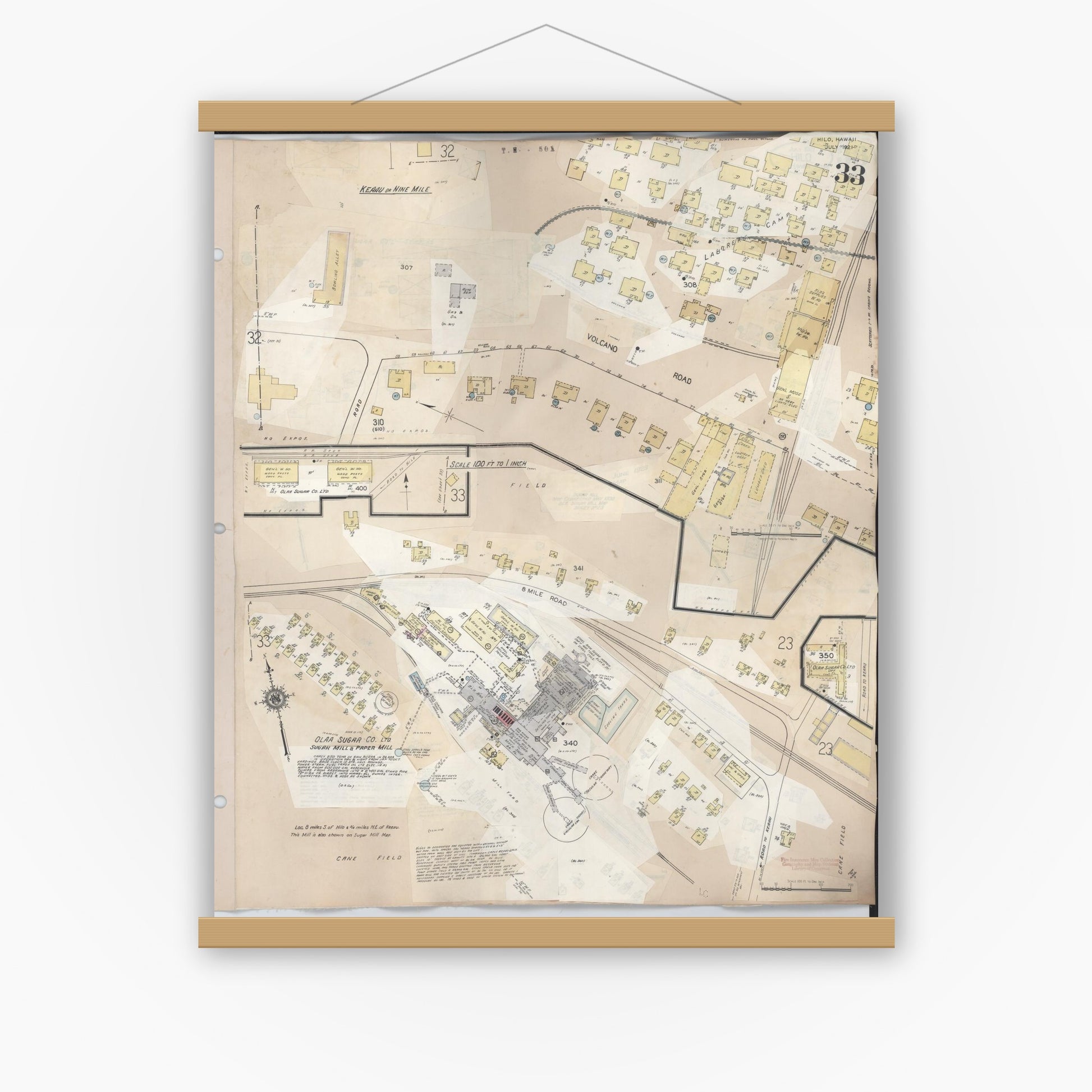 Old map wall art mockup — magnetic wood frame on white wall — Sanborn Fire Insurance Map from Hilo, Hawaii County, Hawaii (1957), Sheet #0033