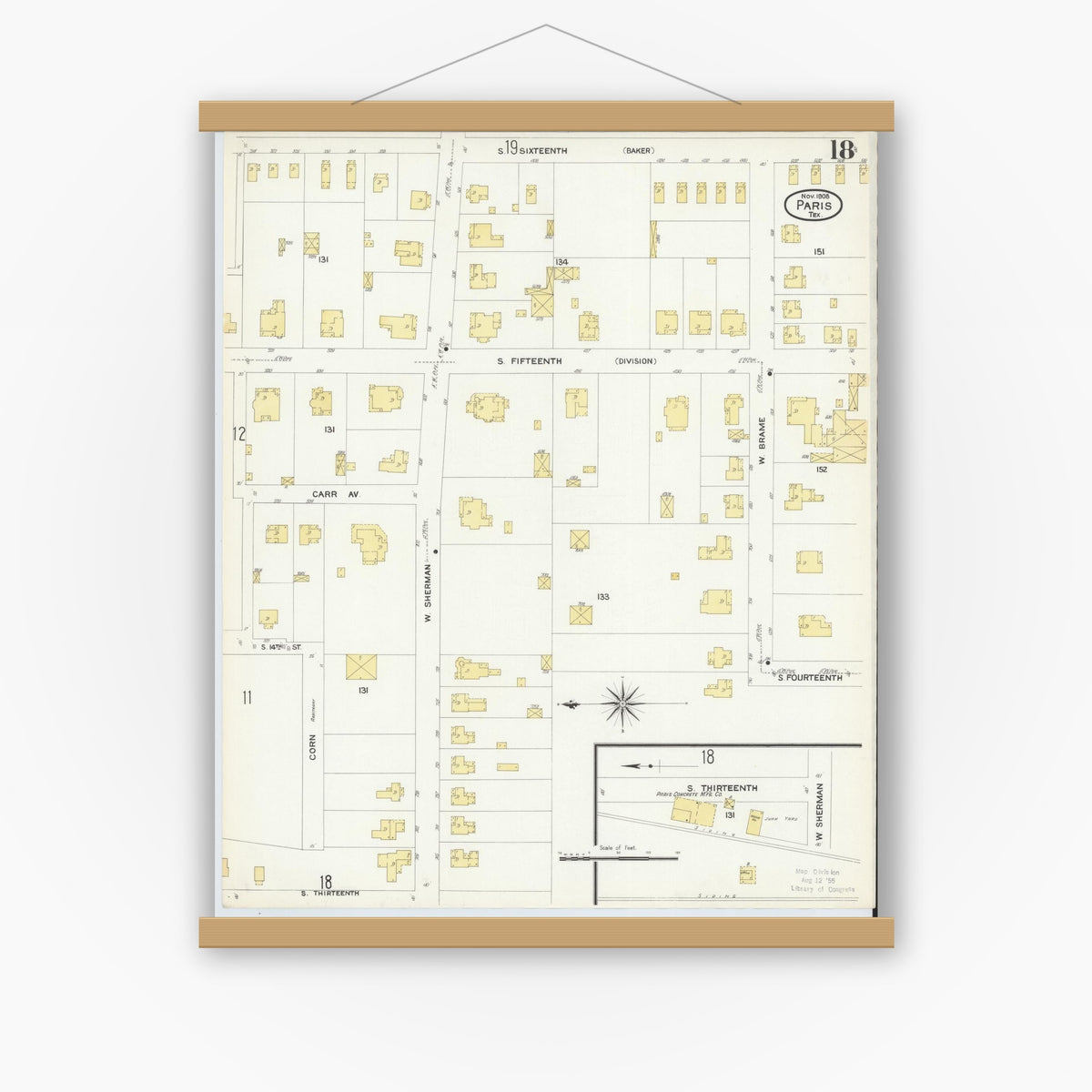 Old map wall art mockup — magnetic wood frame on white wall — Sanborn Fire Insurance Map from Paris, Lamar County, Texas (1908), Sheet #0018