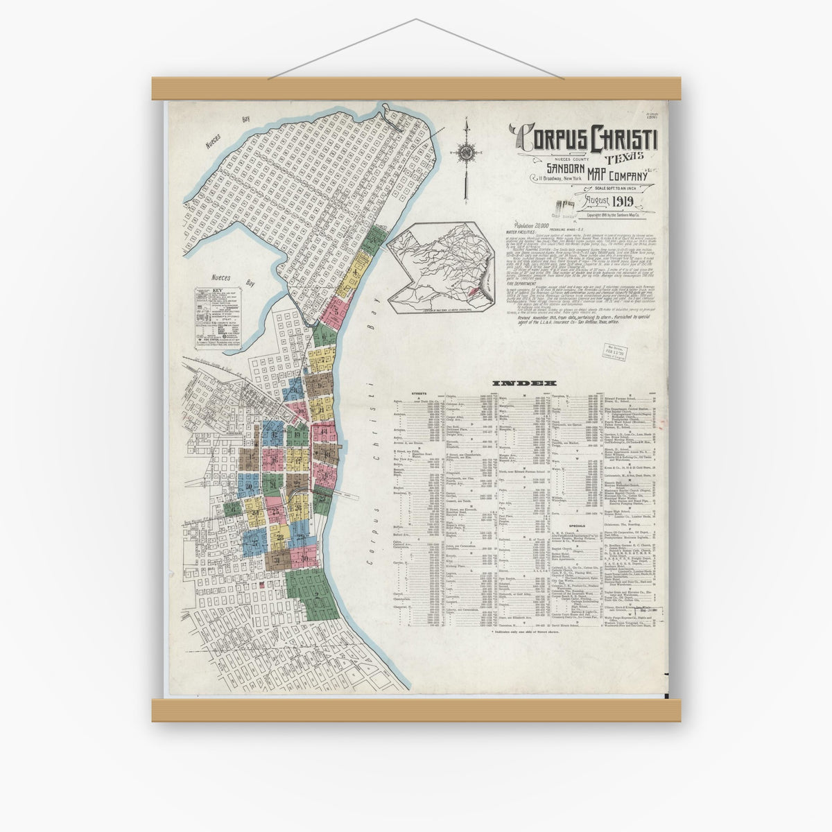 Old map wall art mockup — magnetic wood frame on white wall — Sanborn Fire Insurance Map from Corpus Christi, Nueces County, Texas (1919) - Complete Map Set