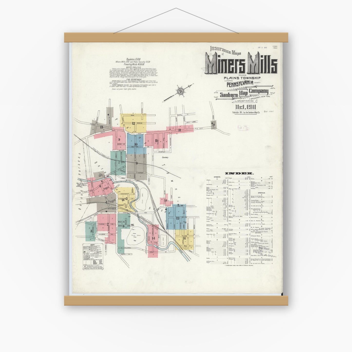 Old map wall art mockup — magnetic wood frame on white wall — Sanborn Fire Insurance Map from Miners Mills, Luzerne County, Pennsylvania (1911), Sheet #0001