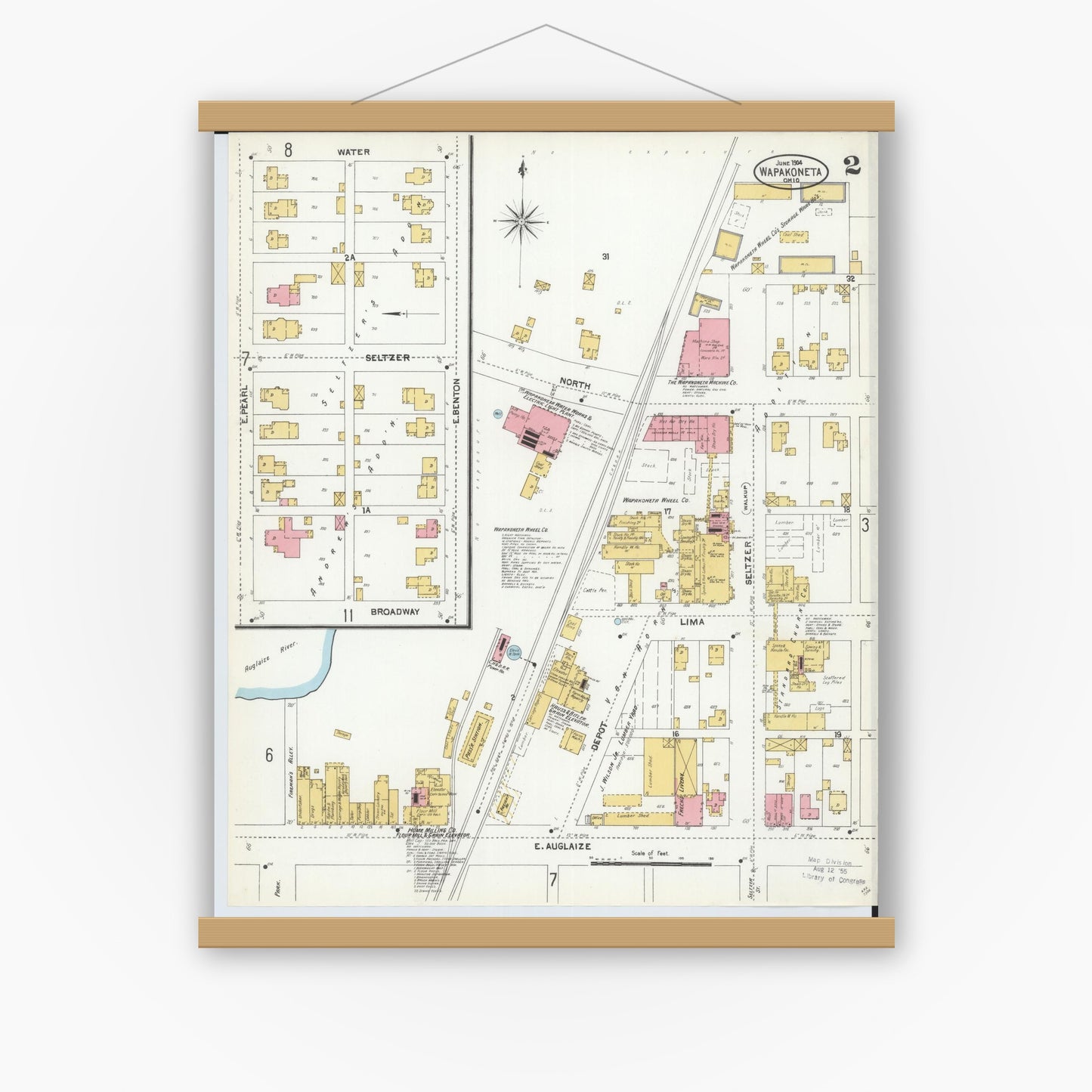 Old map wall art mockup — magnetic wood frame on white wall — Sanborn Fire Insurance Map from Wapakoneta, Auglaize County, Ohio (1904), Sheet #0002
