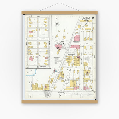 Old map wall art mockup — magnetic wood frame on white wall — Sanborn Fire Insurance Map from Wapakoneta, Auglaize County, Ohio (1904), Sheet #0002