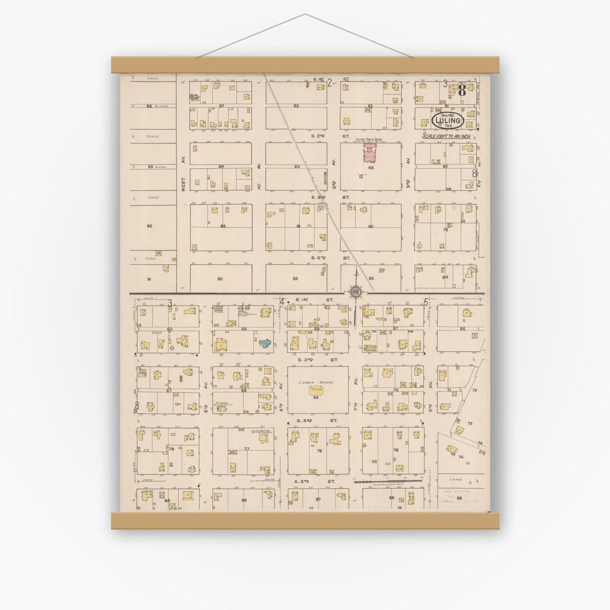 Old map wall art mockup — magnetic wood frame on white wall — Sanborn Fire Insurance Map from Luling, Caldwell County, Texas (1921), Sheet #0008
