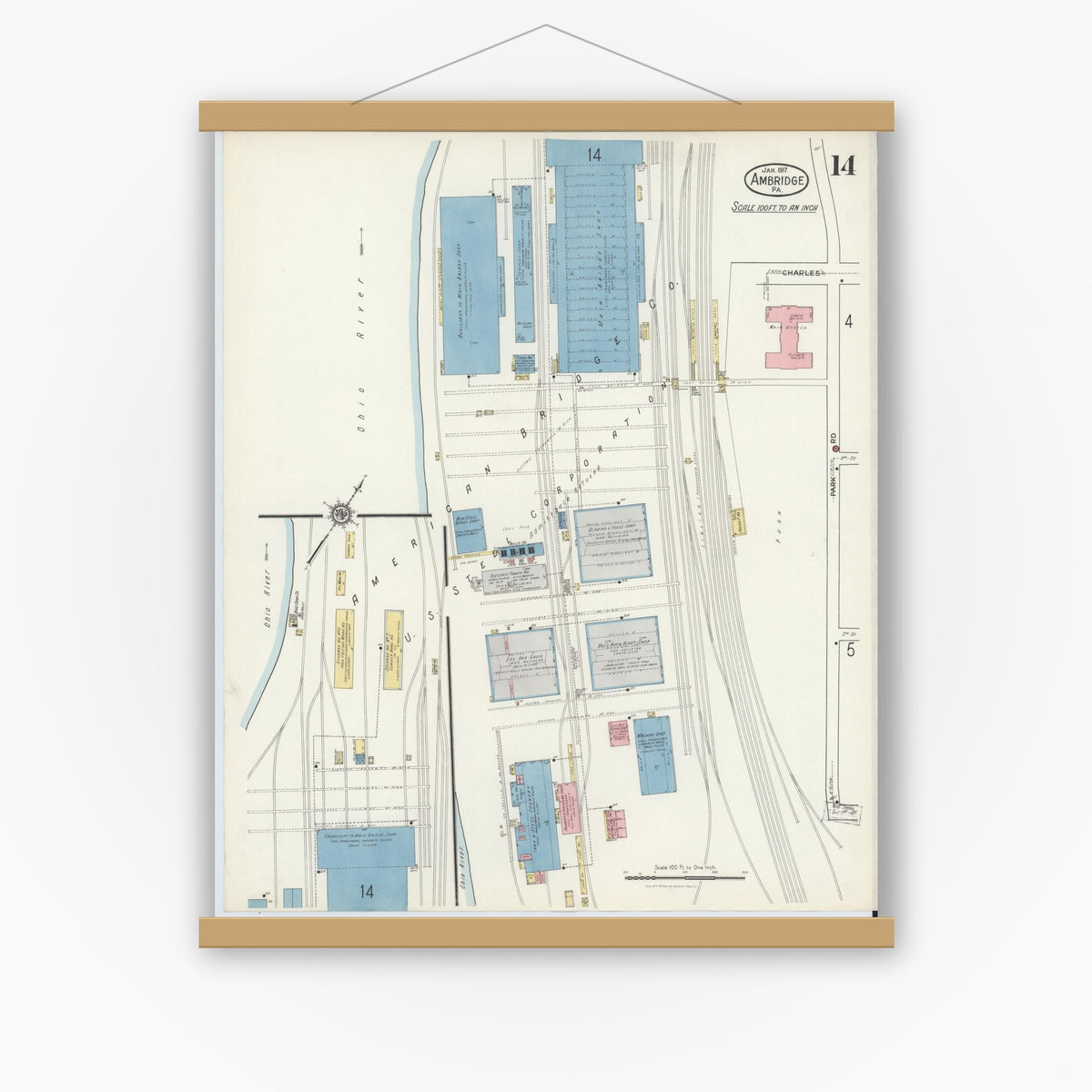 Old map wall art mockup — magnetic wood frame on white wall — Sanborn Fire Insurance Map from Ambridge, Beaver County, Pennsylvania (1917), Sheet #0014