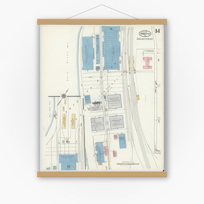 Old map wall art mockup — magnetic wood frame on white wall — Sanborn Fire Insurance Map from Ambridge, Beaver County, Pennsylvania (1917), Sheet #0014