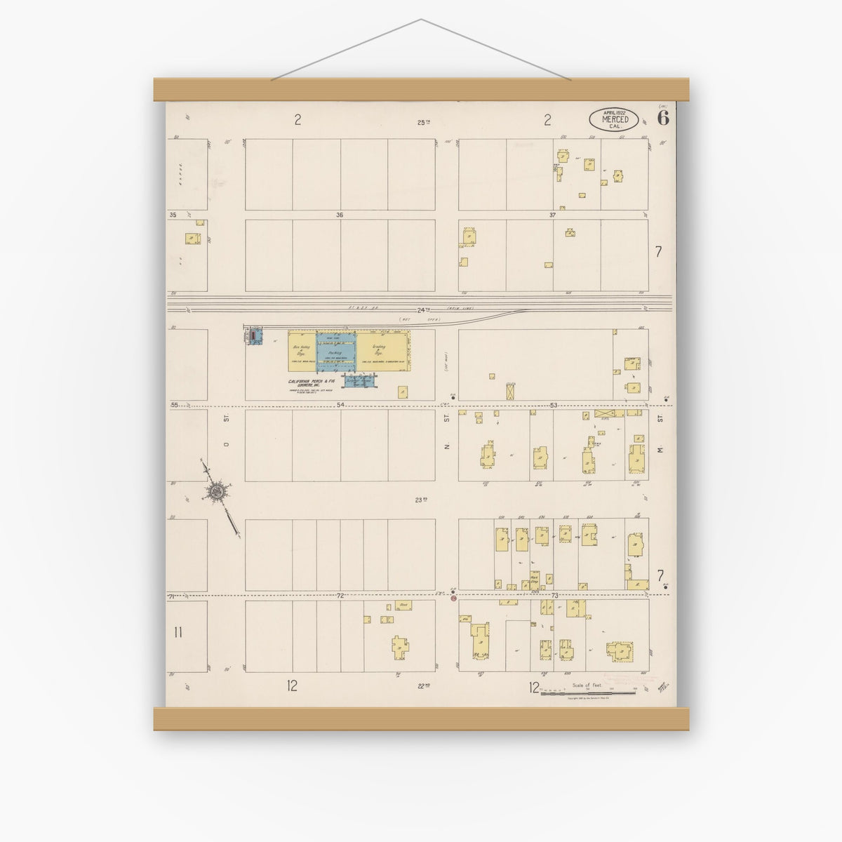 Old map wall art mockup — magnetic wood frame on white wall — Sanborn Fire Insurance Map from Merced, Merced County, California (1922), Sheet #0006