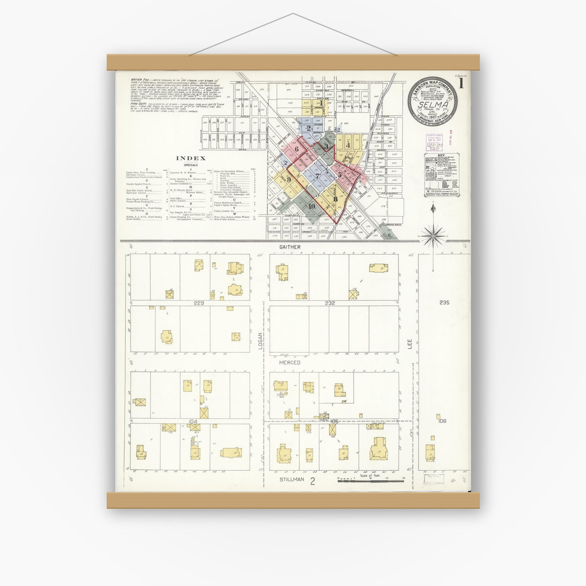 Old map wall art mockup — magnetic wood frame on white wall — Sanborn Fire Insurance Map from Selma, Fresno County, California (1907) - Complete Map Set