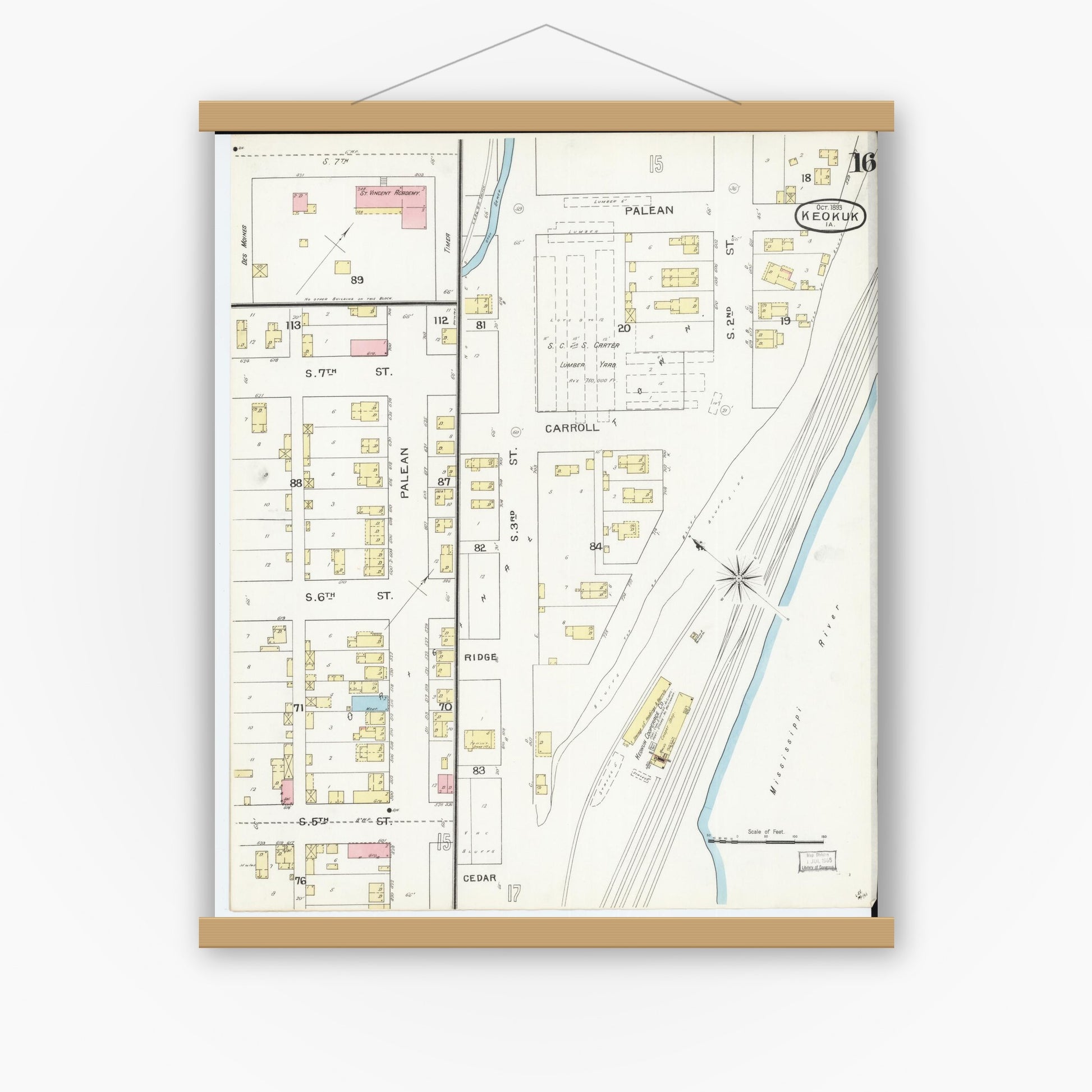 Old map wall art mockup — magnetic wood frame on white wall — Sanborn Fire Insurance Map from Keokuk, Lee County, Iowa (1893), Sheet #0016