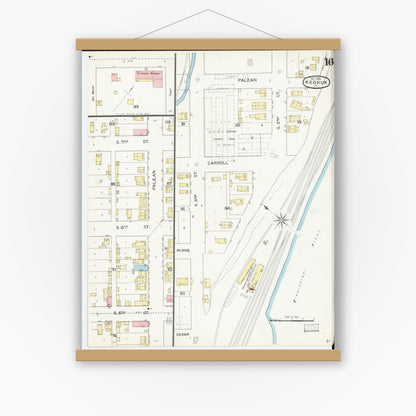 Old map wall art mockup — magnetic wood frame on white wall — Sanborn Fire Insurance Map from Keokuk, Lee County, Iowa (1893), Sheet #0016