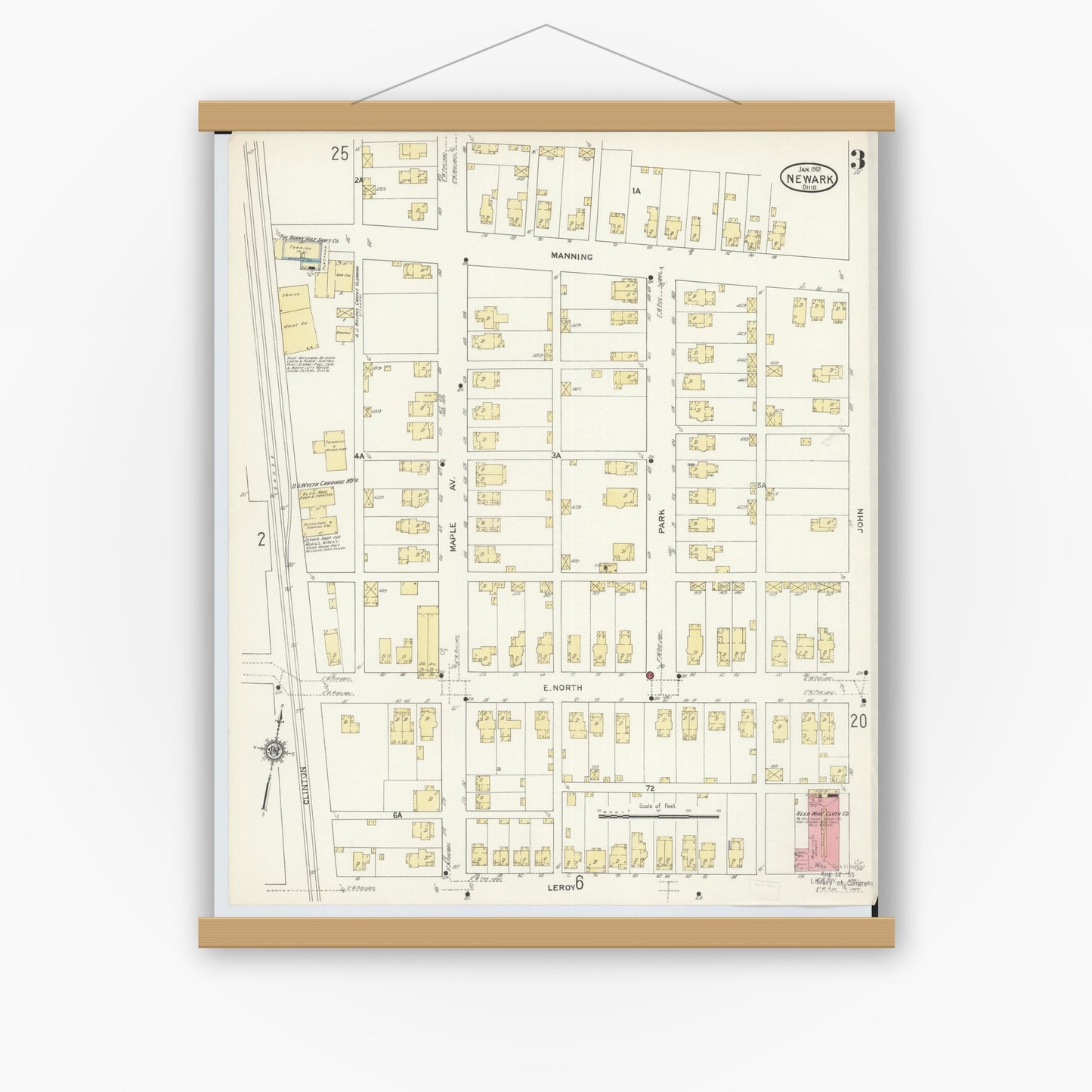 Old map wall art mockup — magnetic wood frame on white wall — Sanborn Fire Insurance Map from Newark, Licking County, Ohio (1912), Sheet #0003