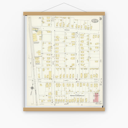 Old map wall art mockup — magnetic wood frame on white wall — Sanborn Fire Insurance Map from Newark, Licking County, Ohio (1912), Sheet #0003