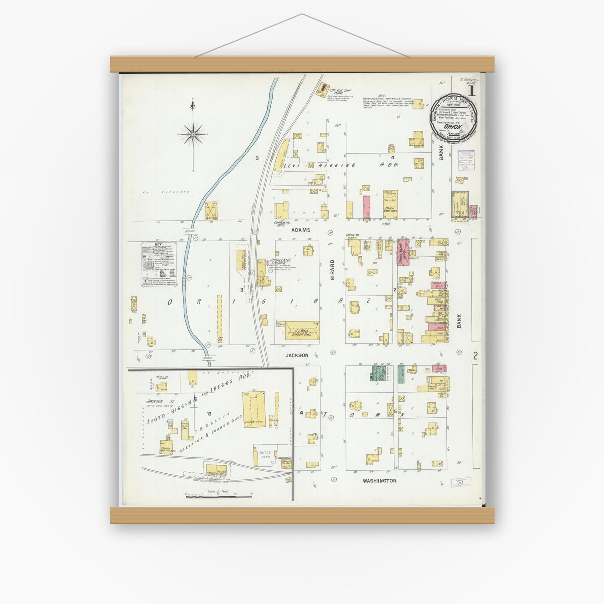Old map wall art mockup — magnetic wood frame on white wall — Sanborn Fire Insurance Map from Orion, Henry County, Illinois (1901) - Complete Map Set