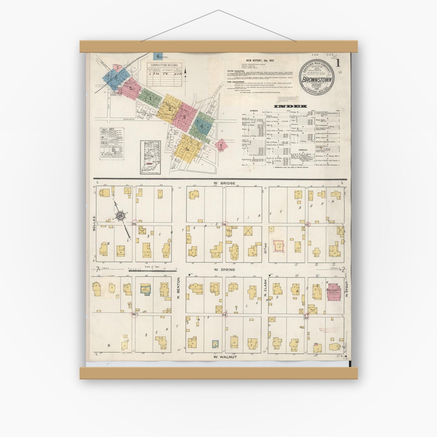 Old map wall art mockup — magnetic wood frame on white wall — Sanborn Fire Insurance Map from Brownstown, Jackson County, Indiana (1933) - Complete Map Set