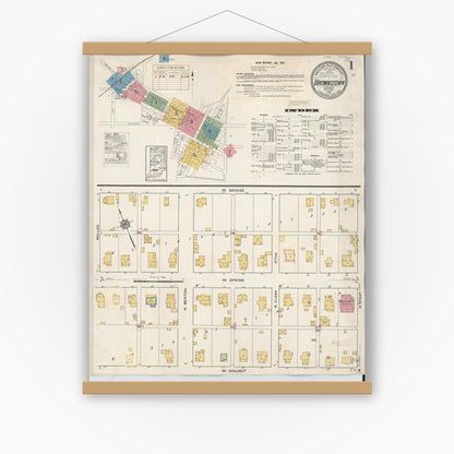 Old map wall art mockup — magnetic wood frame on white wall — Sanborn Fire Insurance Map from Brownstown, Jackson County, Indiana (1933) - Complete Map Set