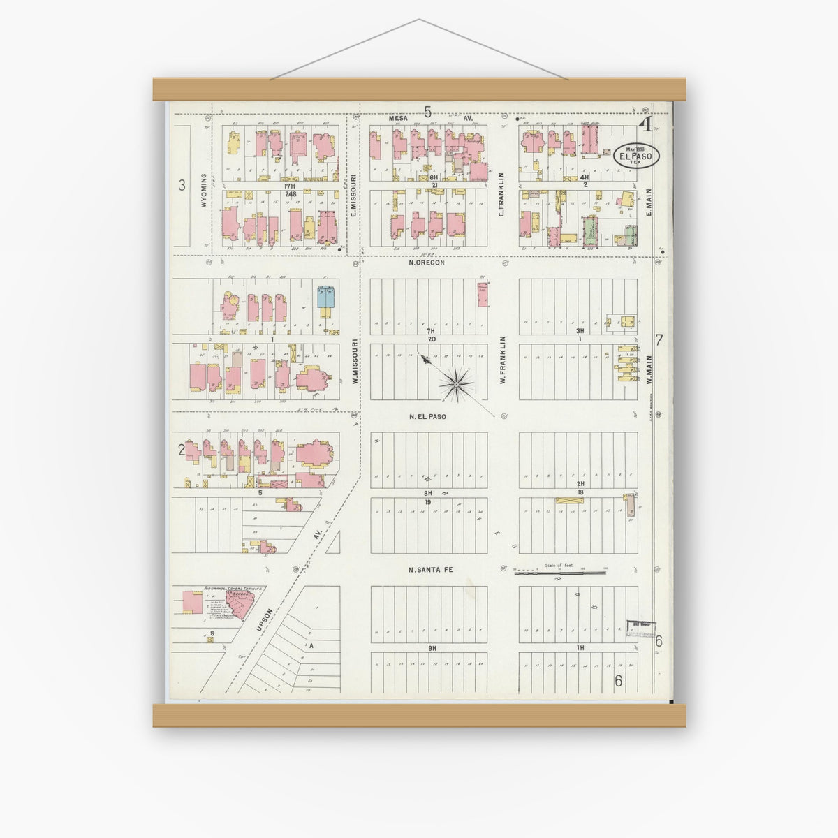 Old map wall art mockup — magnetic wood frame on white wall — Sanborn Fire Insurance Map from El Paso, El Paso County, Texas (1898), Sheet #0004