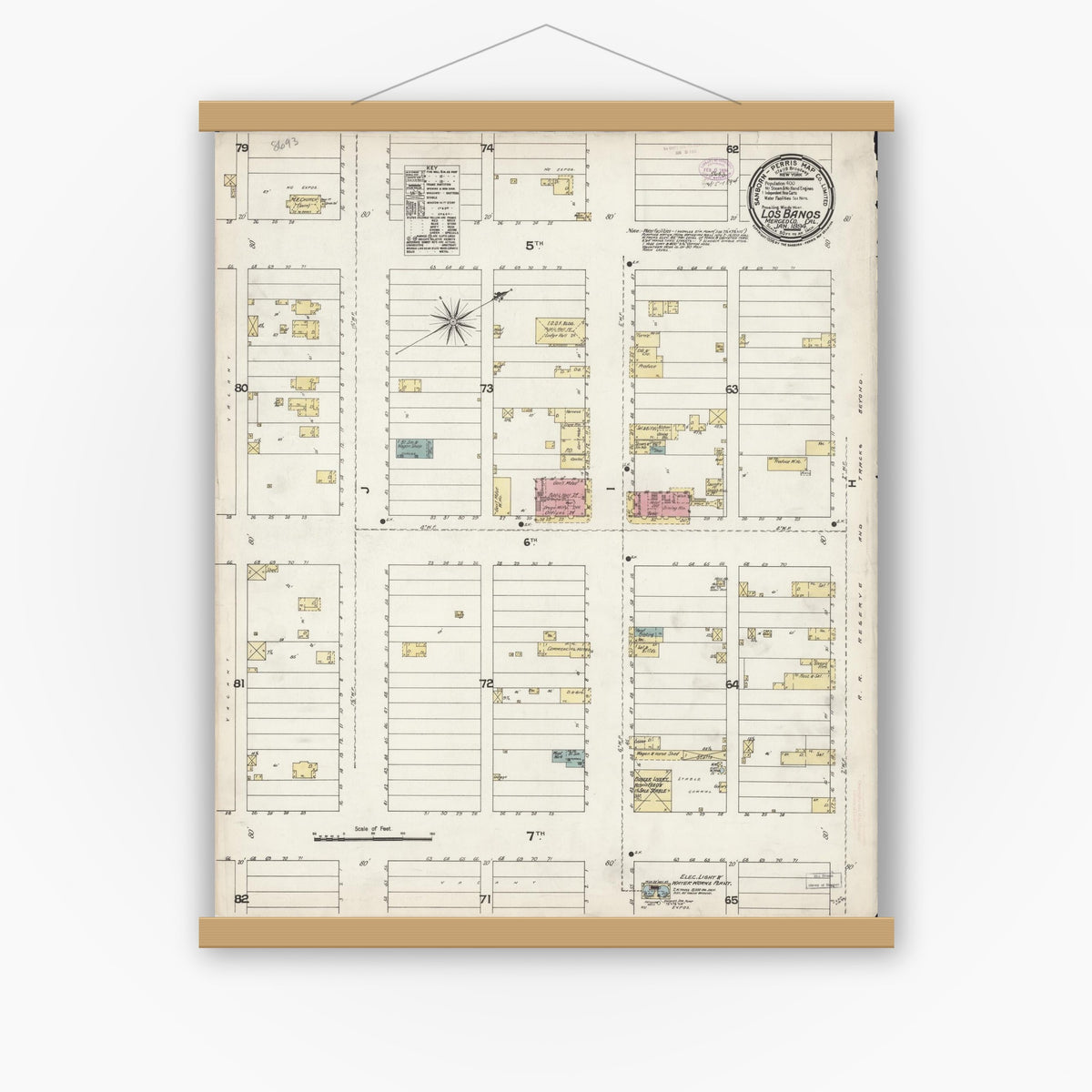 Old map wall art mockup — magnetic wood frame on white wall — Sanborn Fire Insurance Map from Los Banos, Merced County, California (1894), Sheet #0001