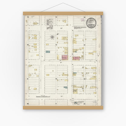 Old map wall art mockup — magnetic wood frame on white wall — Sanborn Fire Insurance Map from Los Banos, Merced County, California (1894), Sheet #0001
