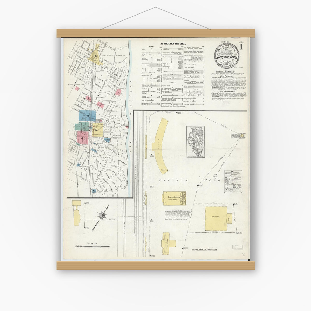 Old map wall art mockup — magnetic wood frame on white wall — Sanborn Fire Insurance Map from Highland Park, Lake County, Illinois (1912), Sheet #0001