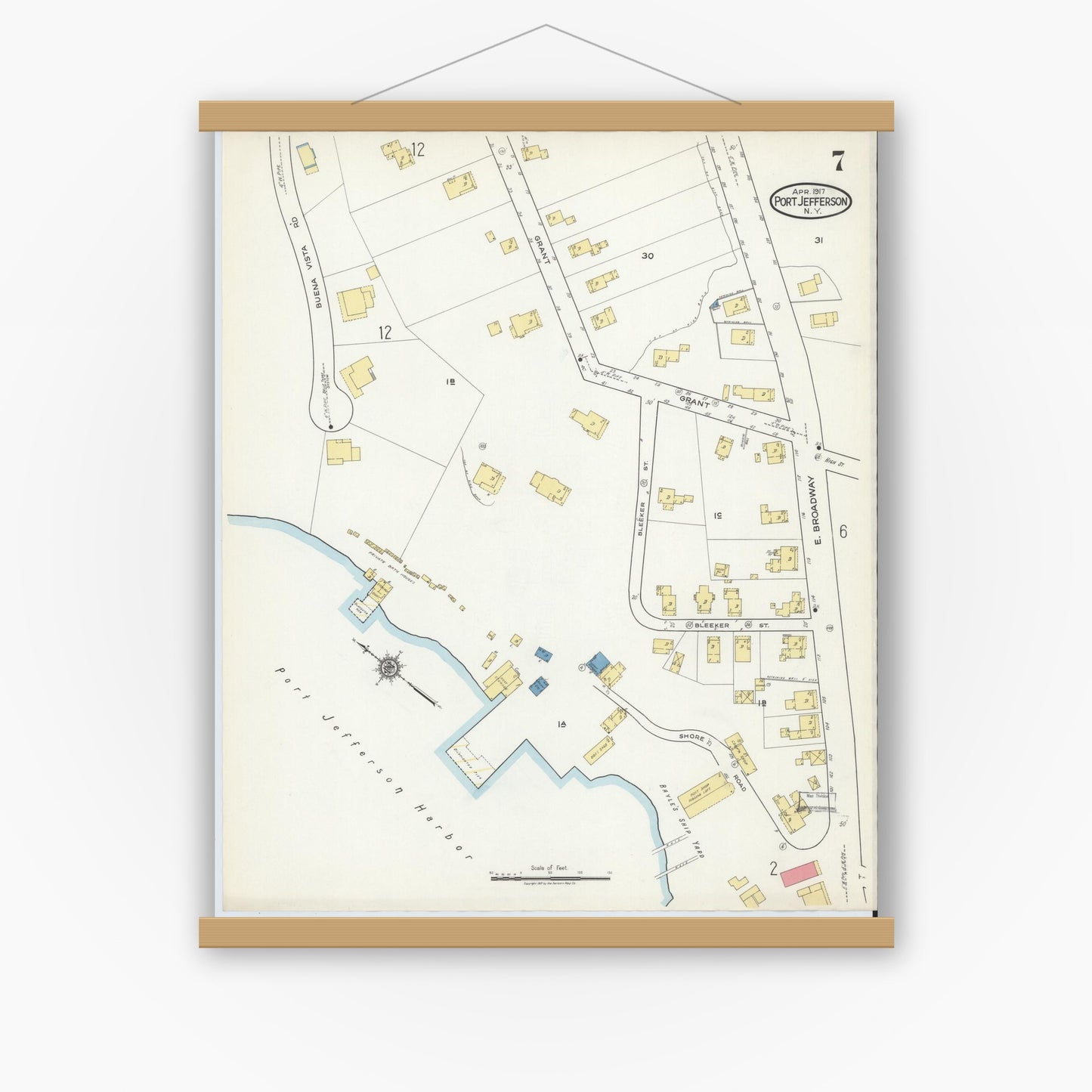 Old map wall art mockup — magnetic wood frame on white wall — Sanborn Fire Insurance Map from Port Jefferson, Suffolk County, New York (1917), Sheet #0007