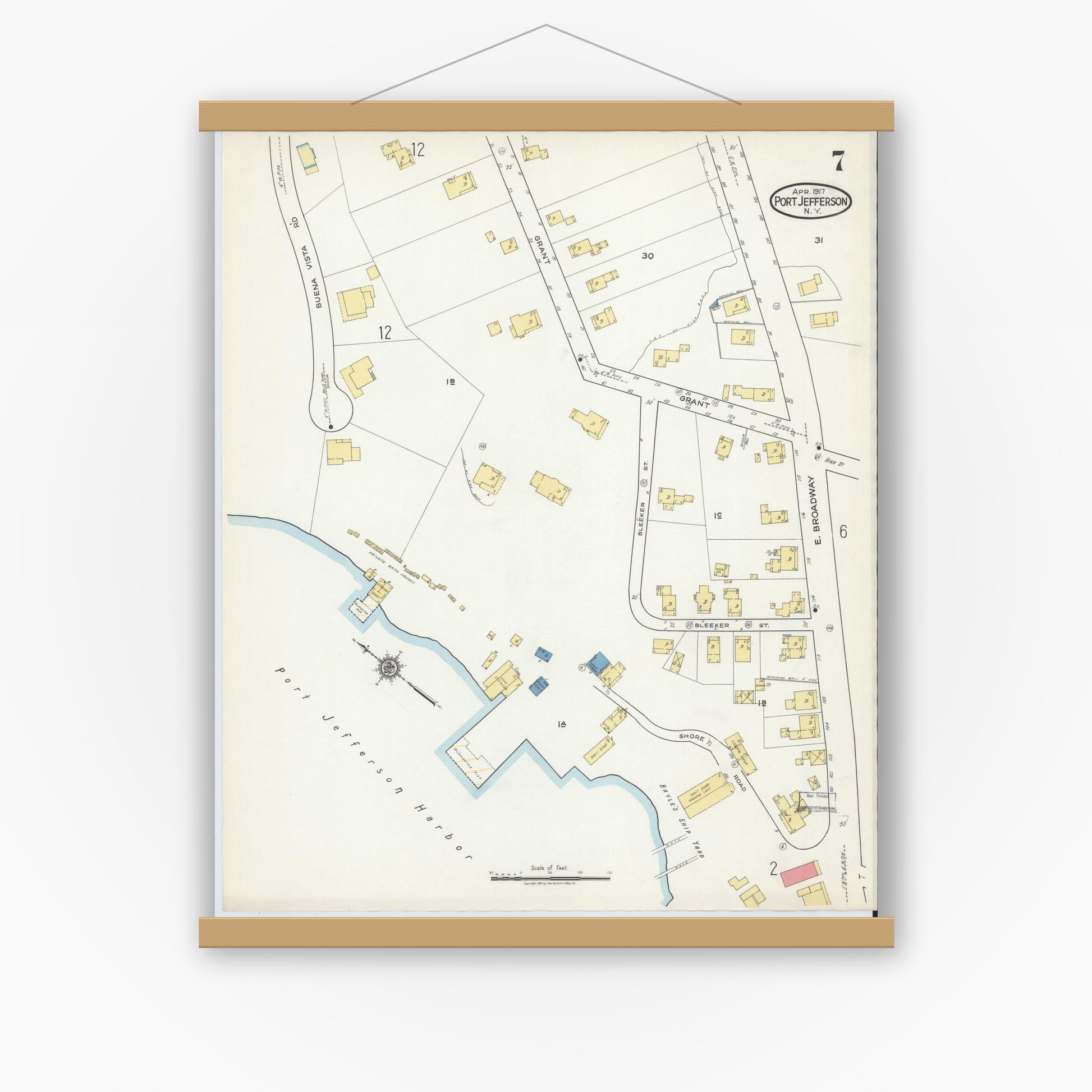 Old map wall art mockup — magnetic wood frame on white wall — Sanborn Fire Insurance Map from Port Jefferson, Suffolk County, New York (1917), Sheet #0007