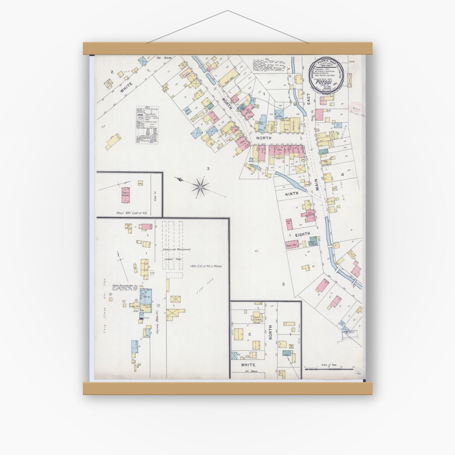 Old map wall art mockup — magnetic wood frame on white wall — Sanborn Fire Insurance Map from Potosi, Grant County, Wisconsin (1894), Sheet #0001