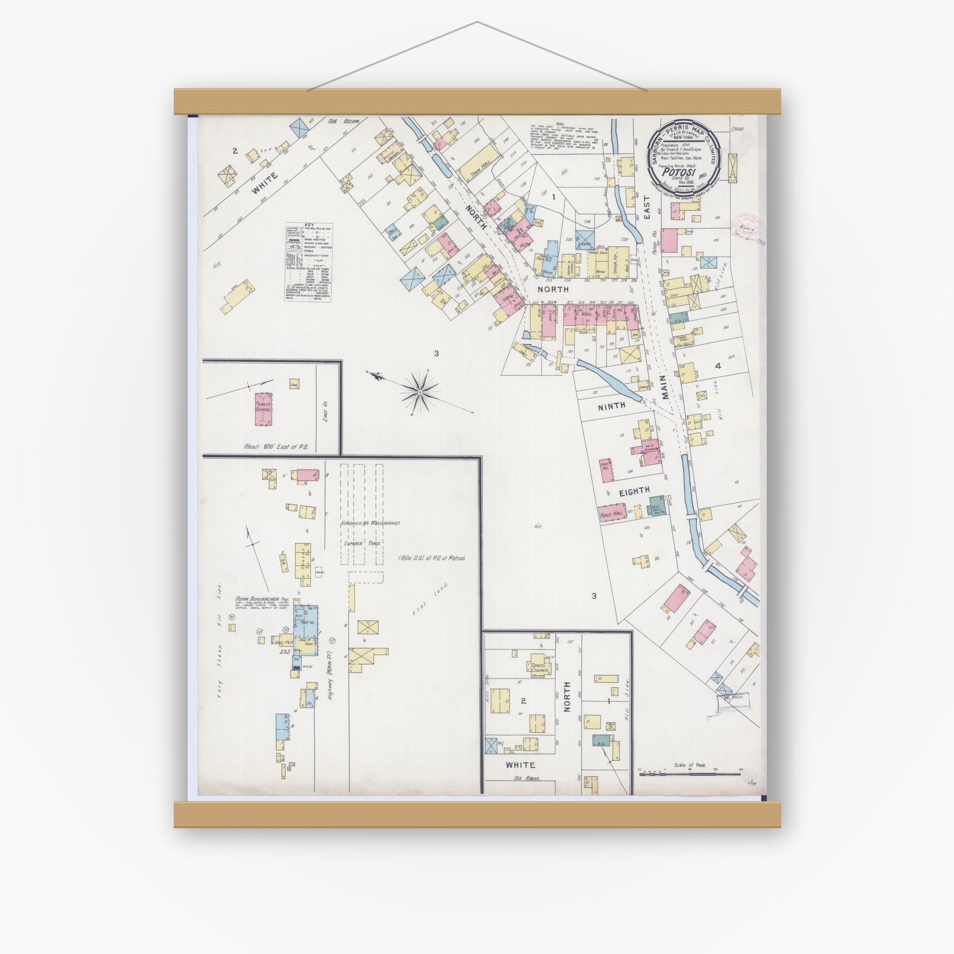 Old map wall art mockup — magnetic wood frame on white wall — Sanborn Fire Insurance Map from Potosi, Grant County, Wisconsin (1894), Sheet #0001