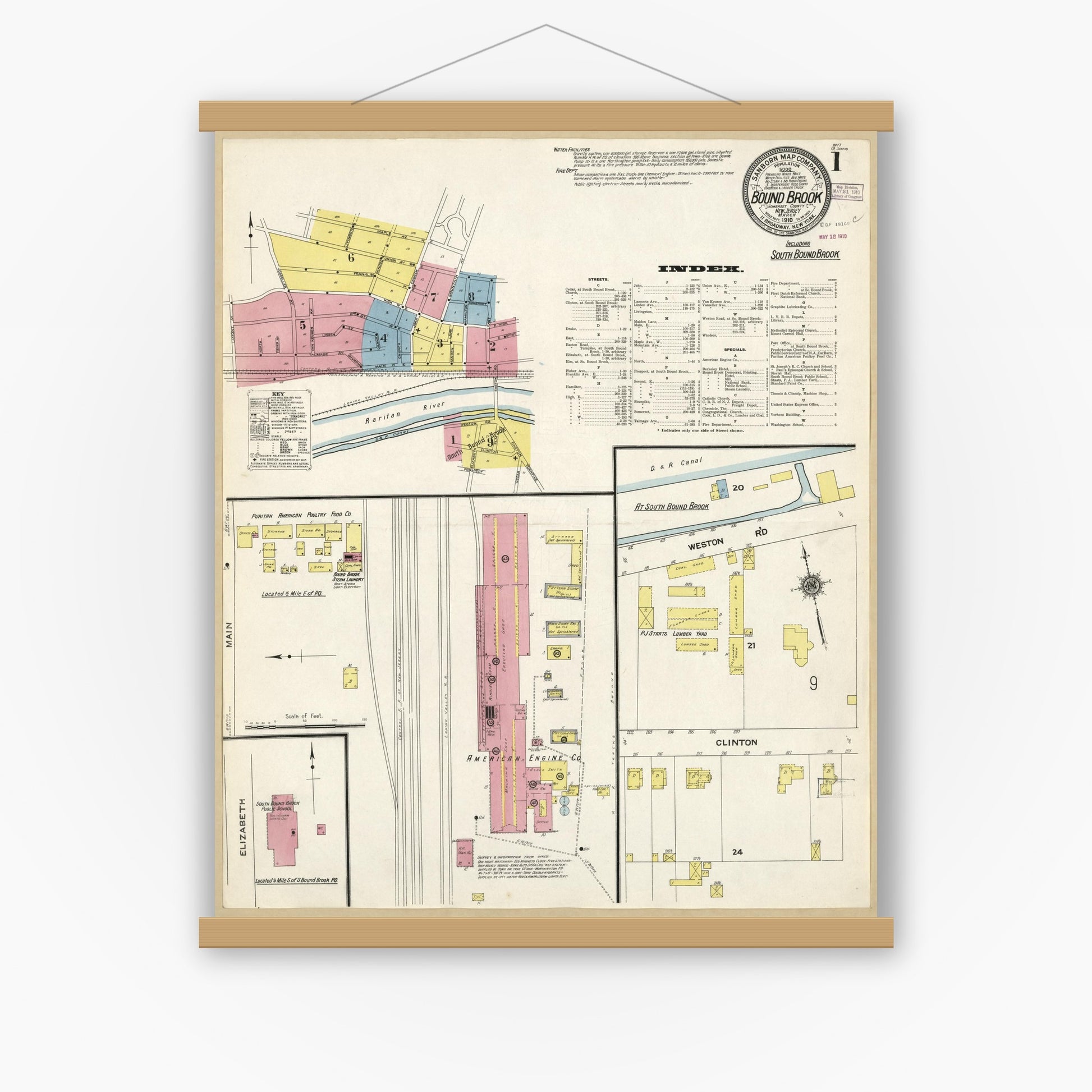 Old map wall art mockup — magnetic wood frame on white wall — Sanborn Fire Insurance Map from Bound Brook, Somerset County, New Jersey (1910), Sheet #0001