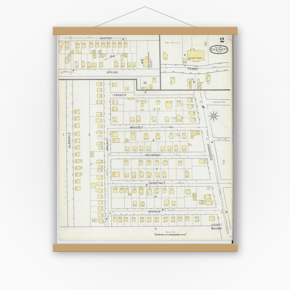 Old map wall art mockup — magnetic wood frame on white wall — Sanborn Fire Insurance Map from Everett, Middlesex County, Massachusetts (1892), Sheet #0002