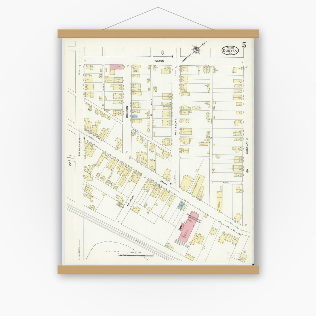 Old map wall art mockup — magnetic wood frame on white wall — Sanborn Fire Insurance Map from Duryea, Luzerne County, Pennsylvania (1914), Sheet #0005