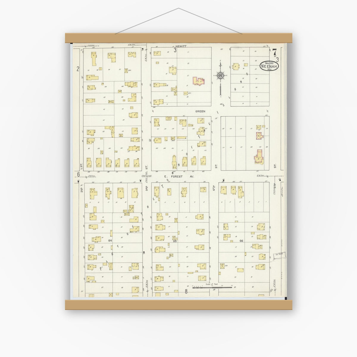 Old map wall art mockup — magnetic wood frame on white wall — Sanborn Fire Insurance Map from Neenah, Winnebago County, Wisconsin (1913), Sheet #0007