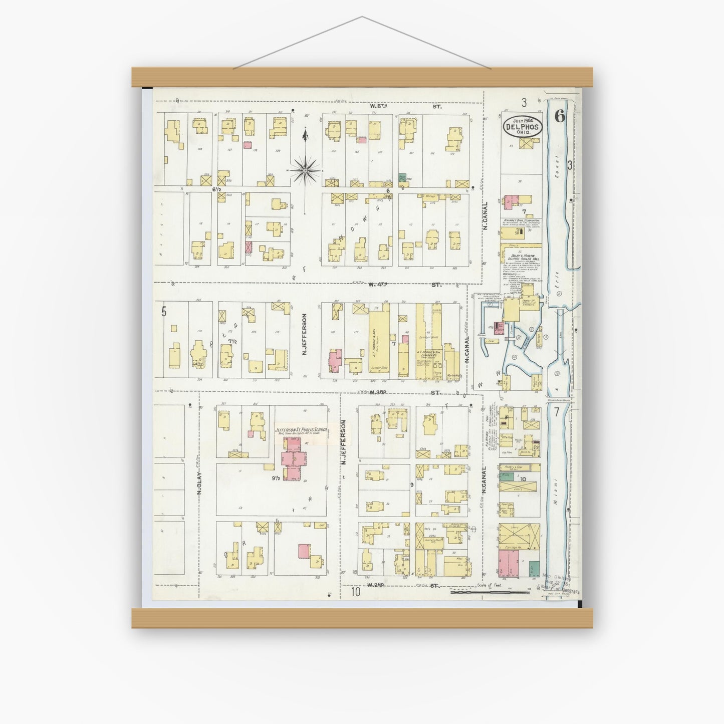 Old map wall art mockup — magnetic wood frame on white wall — Sanborn Fire Insurance Map from Delphos, Van Wert And Allen Counties, Ohio (1904), Sheet #0006