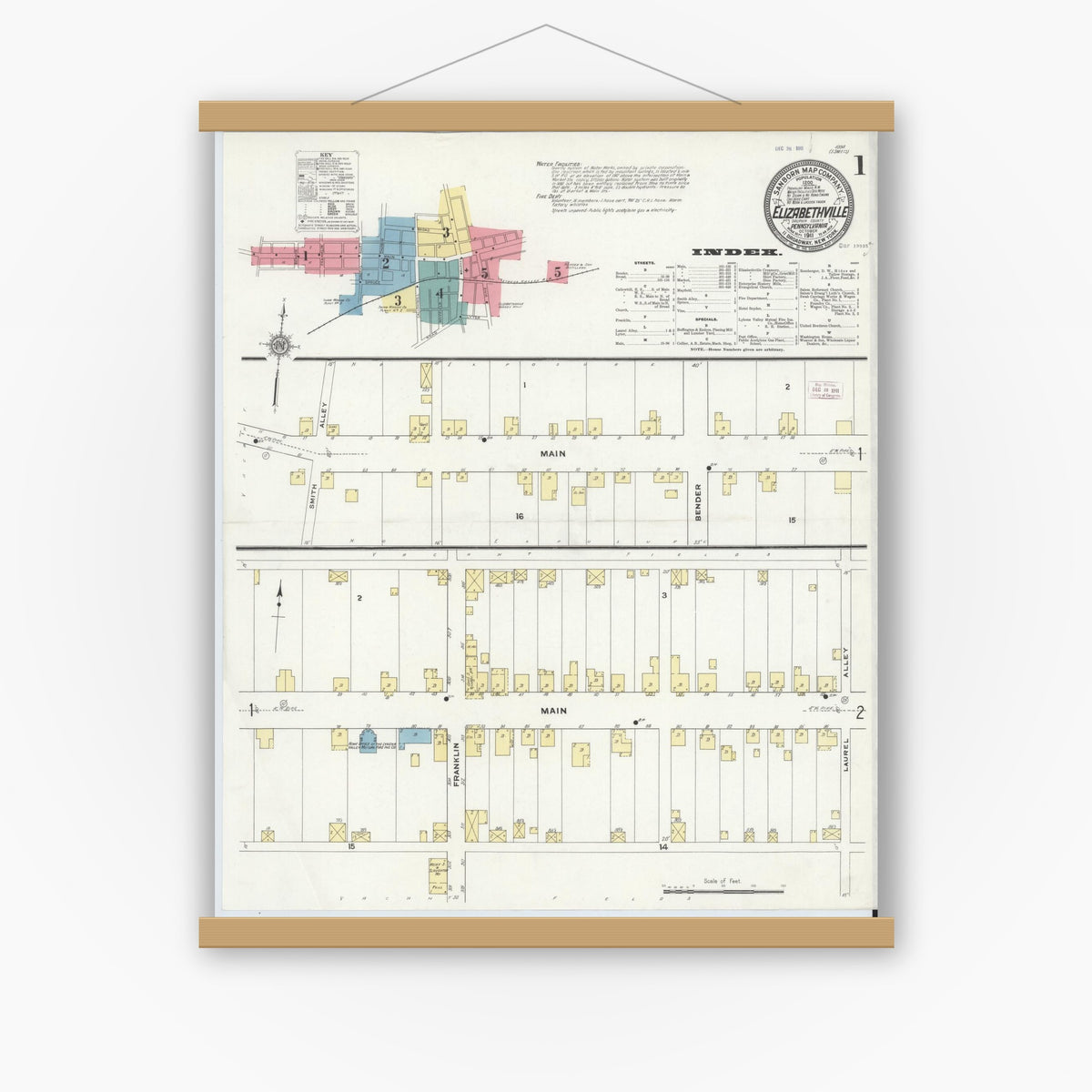 Old map wall art mockup — magnetic wood frame on white wall — Sanborn Fire Insurance Map from Elizabethville, Dauphin County, Pennsylvania (1911), Sheet #0001