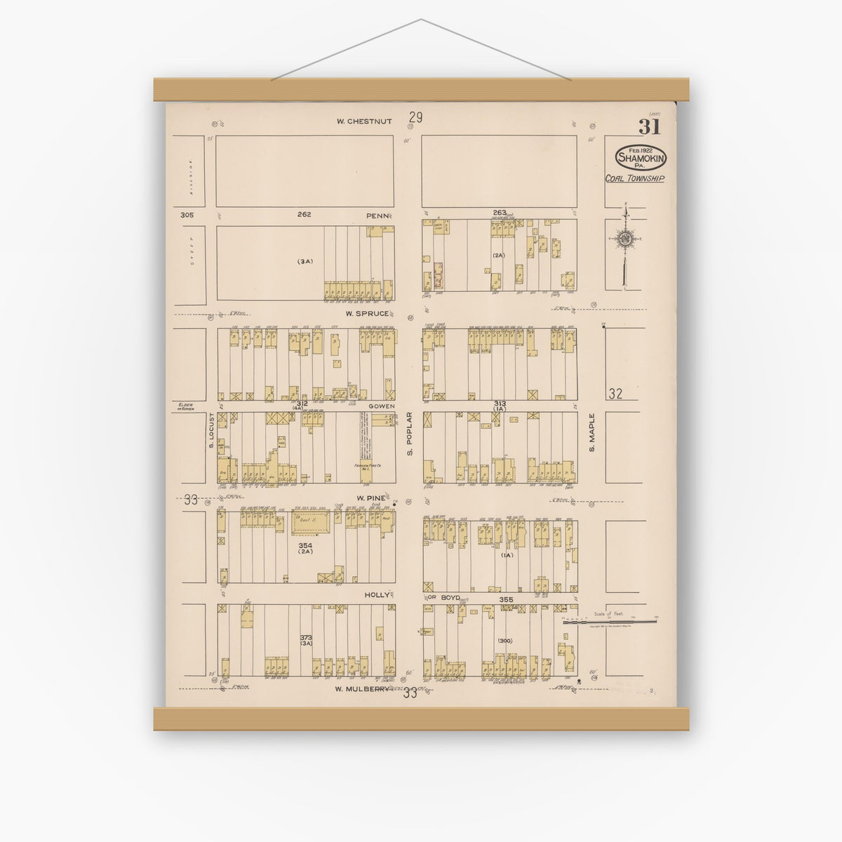 Old map wall art mockup — magnetic wood frame on white wall — Sanborn Fire Insurance Map from Shamokin, Northumberland County, Pennsylvania (1922), Sheet #0031