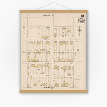 Old map wall art mockup — magnetic wood frame on white wall — Sanborn Fire Insurance Map from Shamokin, Northumberland County, Pennsylvania (1922), Sheet #0031