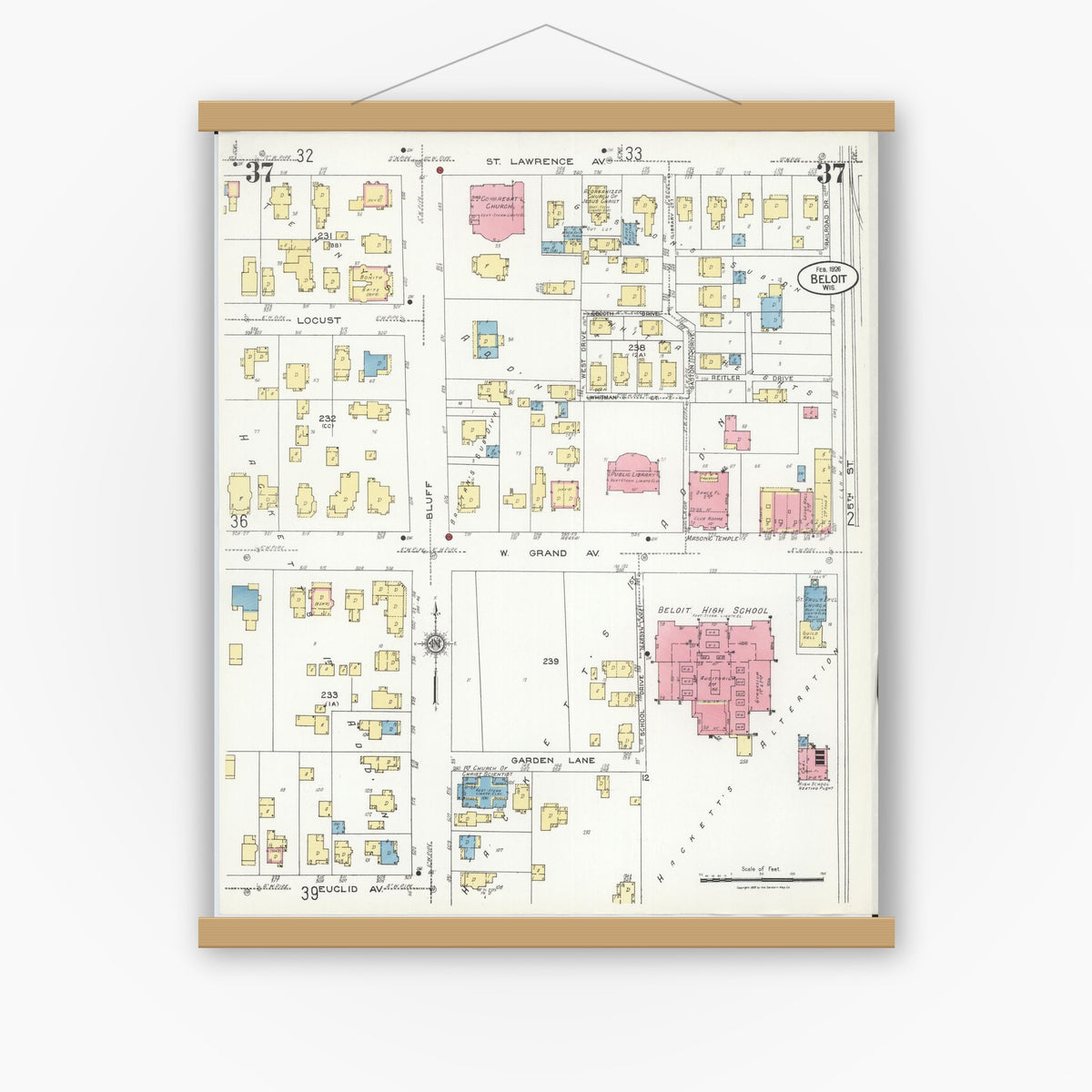 Old map wall art mockup — magnetic wood frame on white wall — Sanborn Fire Insurance Map from Beloit, Rock County, Wisconsin (1926), Sheet #0037