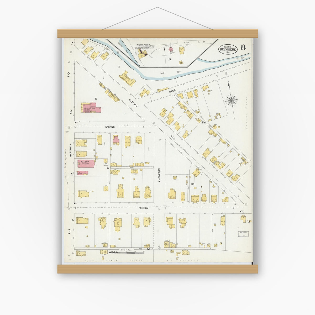 Old map wall art mockup — magnetic wood frame on white wall — Sanborn Fire Insurance Map from Belvidere, Warren County, New Jersey (1903), Sheet #0008