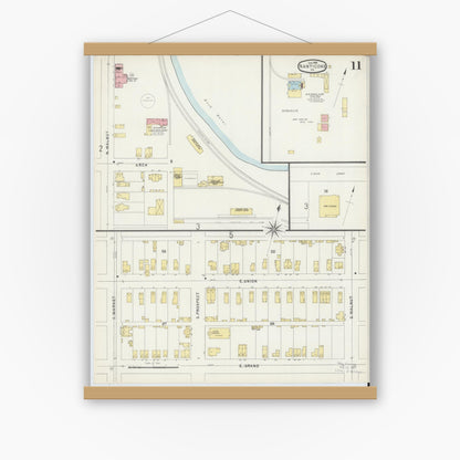 Old map wall art mockup — magnetic wood frame on white wall — Sanborn Fire Insurance Map from Nanticoke, Luzerne County, Pennsylvania (1896), Sheet #0011